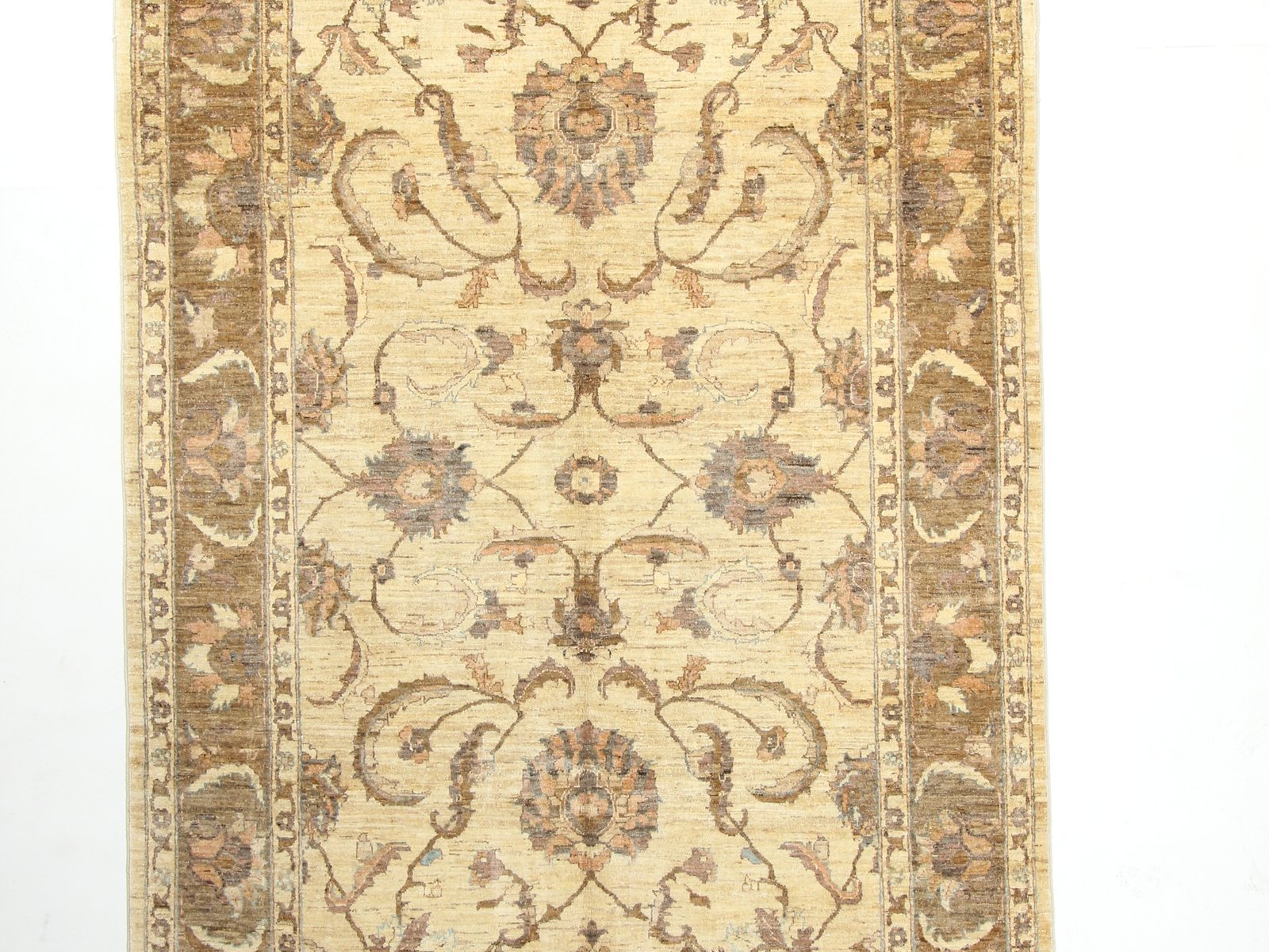 Recent hand-knotted Peshawar rug in soft golds and cream